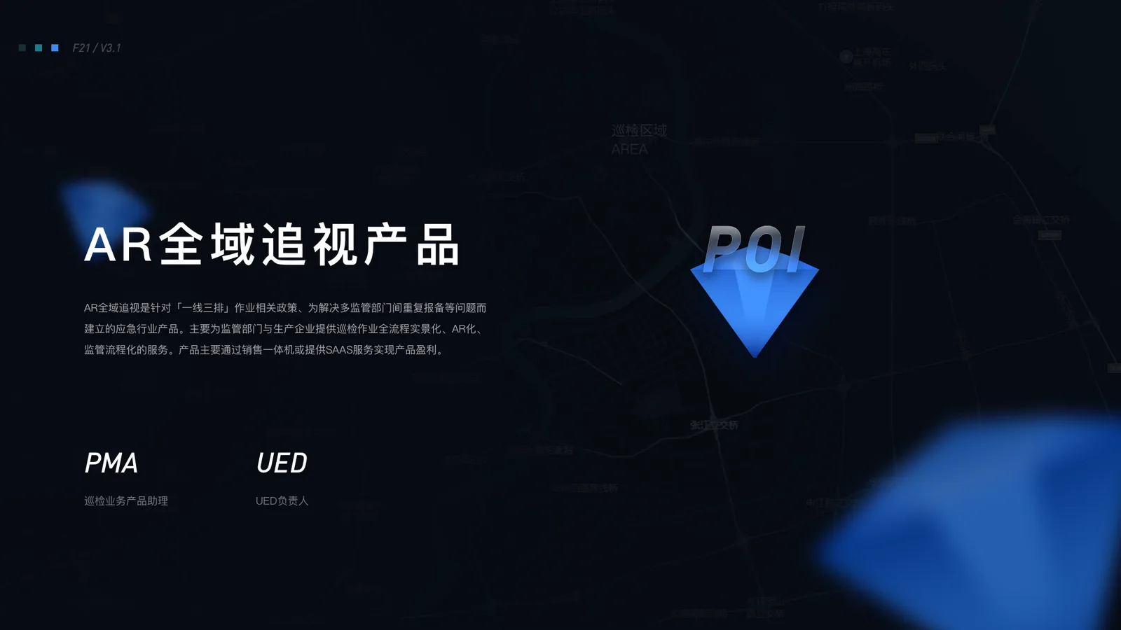 AR全域追视产品作品集封面，包含项目名称、POI 图形与 PMA、UED 角色说明